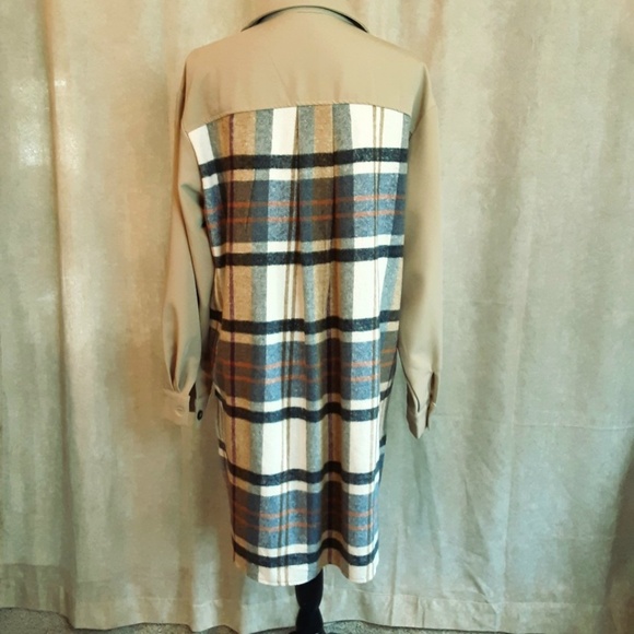 NWT Women's Long Khaki & Plaid Flannel Shacket Button Front Relaxed Fit M - Picture 7 of 13